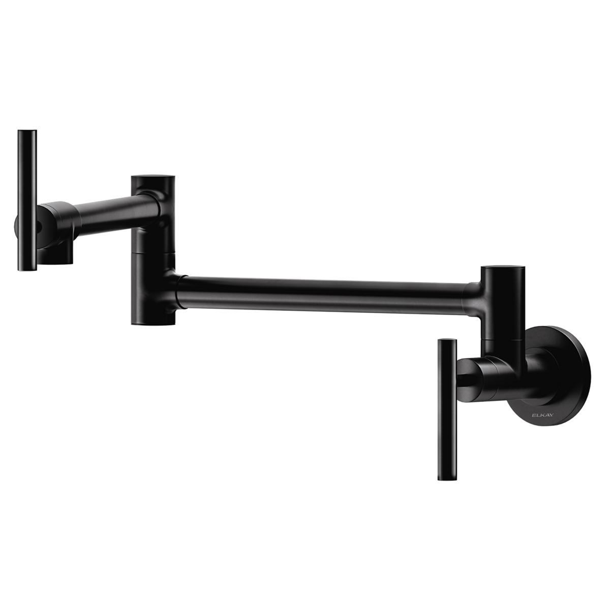 Matte black wall-mounted pot filler faucet with articulating arm and lever handle.