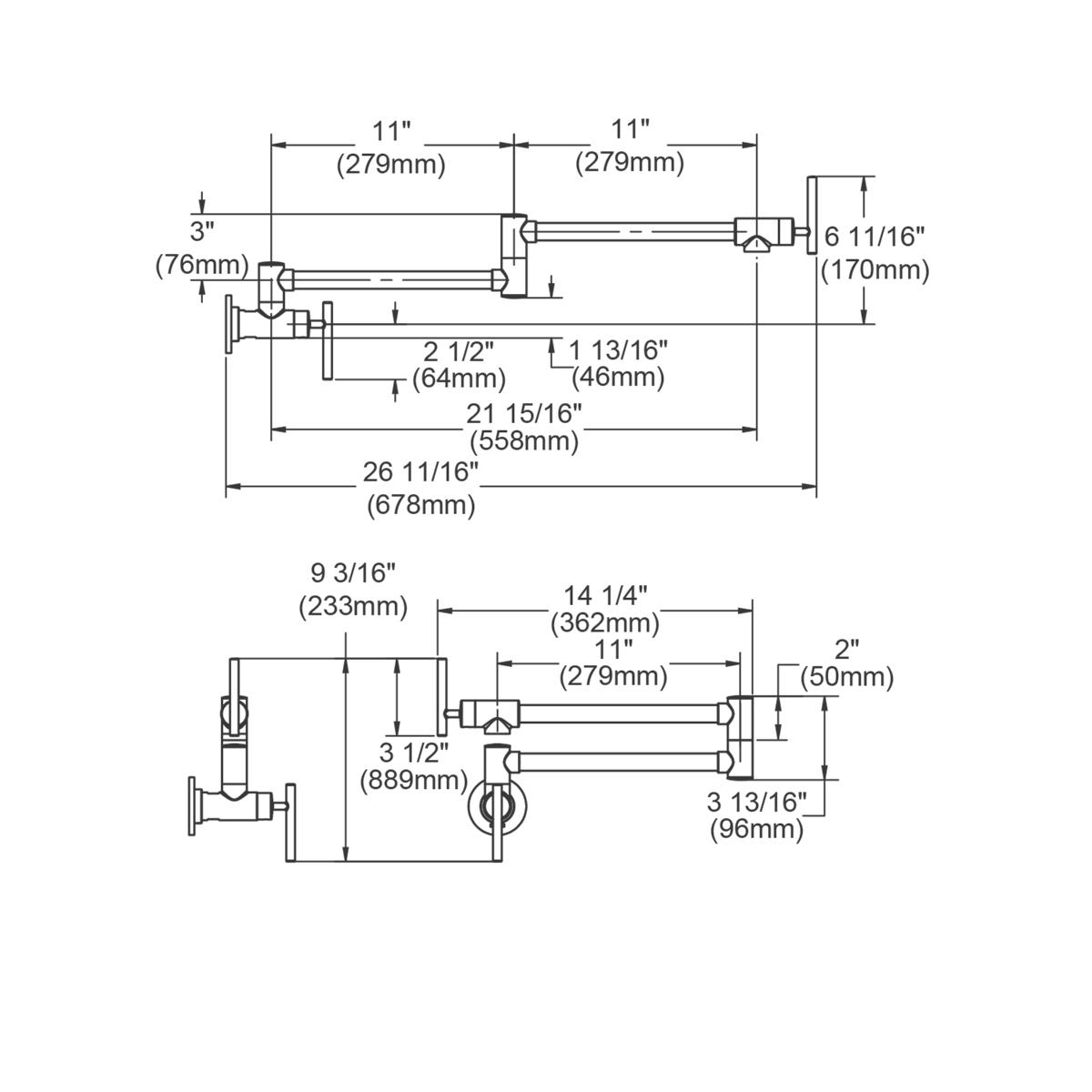 Technical schematic showing wall-mounted pot filler faucet with dual articulating arms, lever handles, and detailed dimension