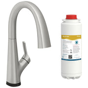 Lustrous steel single-hole kitchen faucet with curved spout and lever handle, shown with cylindrical replacement water filter