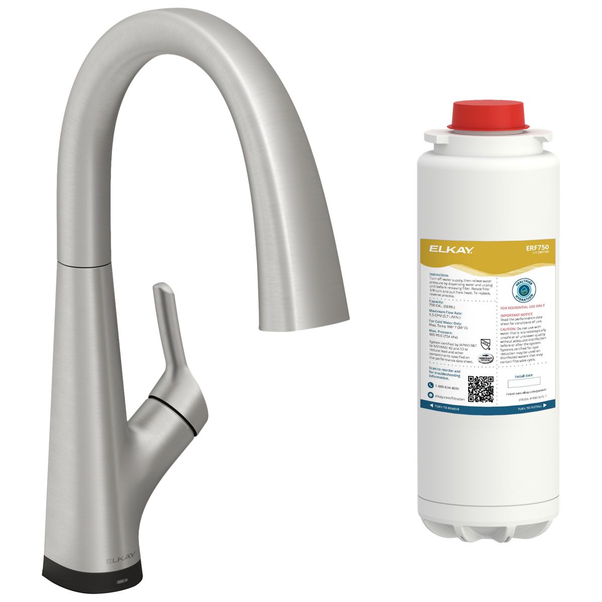 Lustrous steel single-hole kitchen faucet with curved spout and lever handle, shown with cylindrical replacement water filter