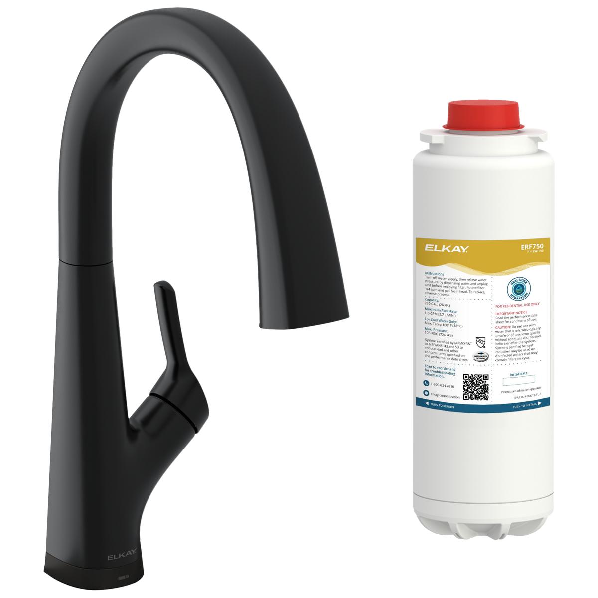 Matte black single-hole kitchen faucet with curved spout and lever handle, displayed with cylindrical water filter cartridge.