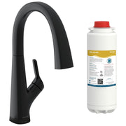Matte black single-hole kitchen faucet with curved spout and lever handle, displayed with cylindrical water filter cartridge.