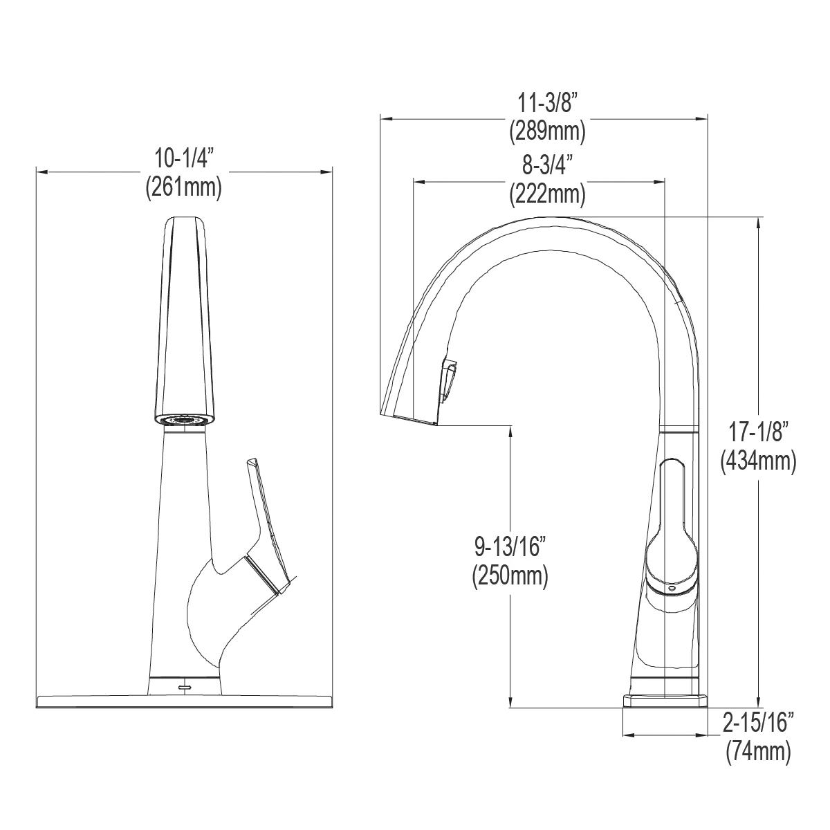 Chrome single-hole kitchen faucet with tall curved spout and filtered water dispenser, dimensions shown in inches and millime