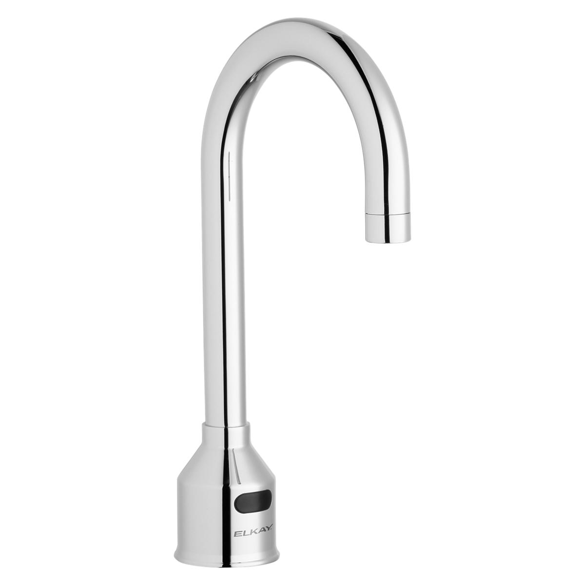 Stainless steel gooseneck faucet with curved spout and sensor base for surgeon scrub sink.