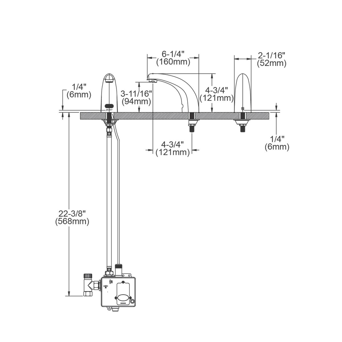 Chrome deck mount electronic faucet with curved spout and sensor control, technical schematic with dimensions shown.