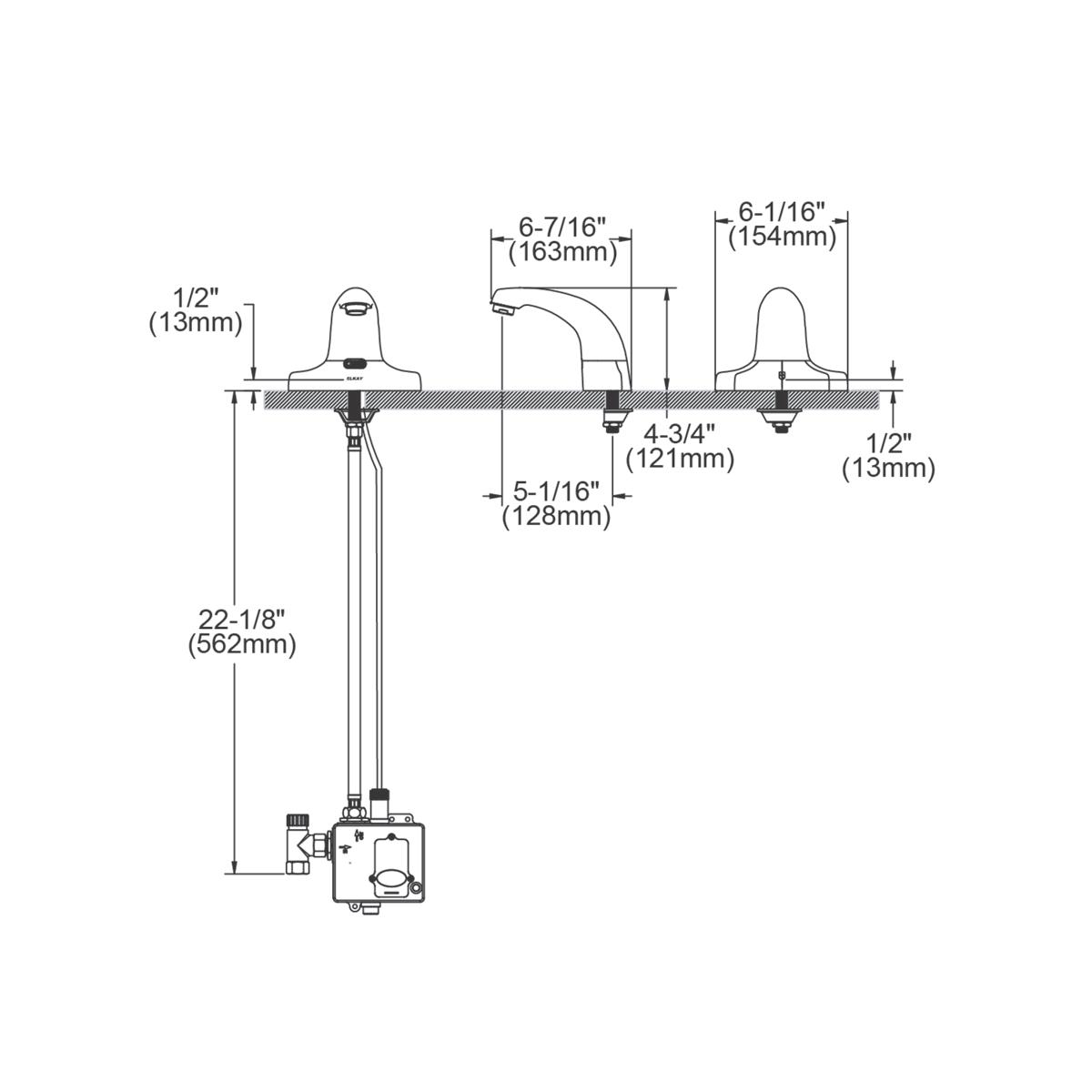 Chrome deck-mount electronic faucet with fixed spout and sensor controls, technical dimensions shown.