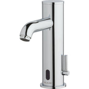 Chrome commercial deck-mount faucet with curved spout, sensor panel, and side control lever.