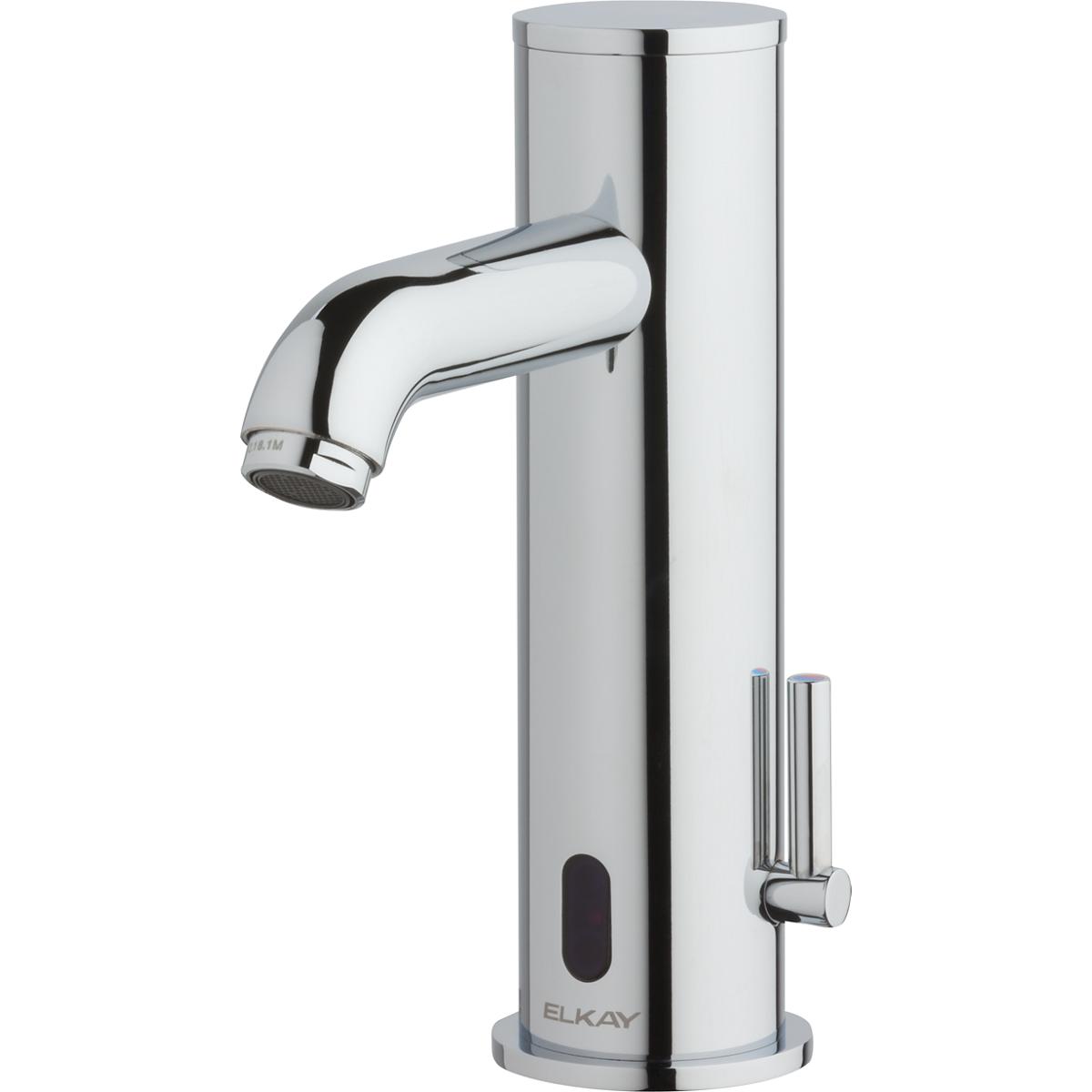 Chrome commercial deck-mount faucet with curved spout, sensor panel, and side control lever.