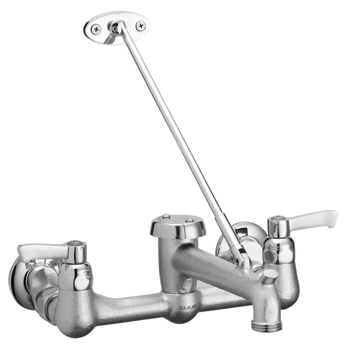 Chrome wall-mount utility faucet with dual handles, angled spout, bucket hook, and mounting plate with screw holes.