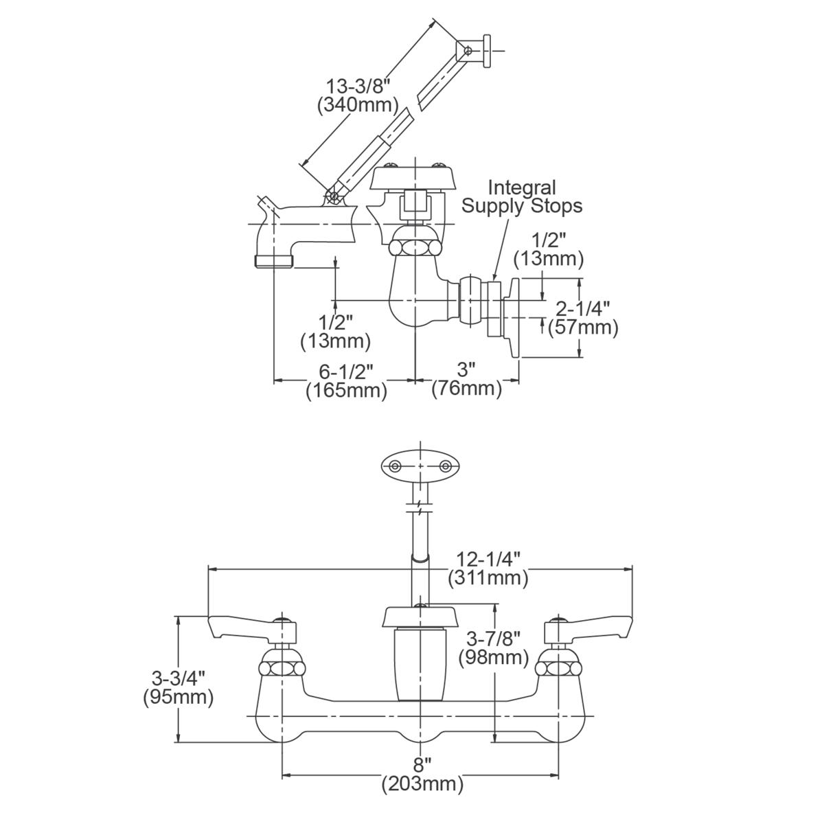 Technical drawing of wall-mount utility faucet with angled spout, integral supply stops, and bucket hook, showing dimensions.