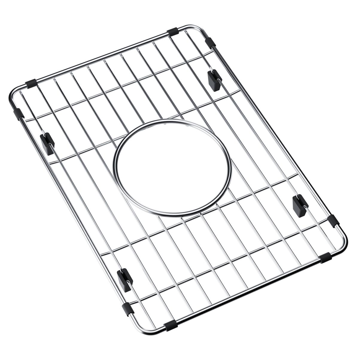 Stainless steel sink grid with parallel wires, circular drain opening, and black rubber feet on corners.