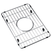 Stainless steel sink grid with parallel wires, circular drain opening, and black rubber feet on corners.