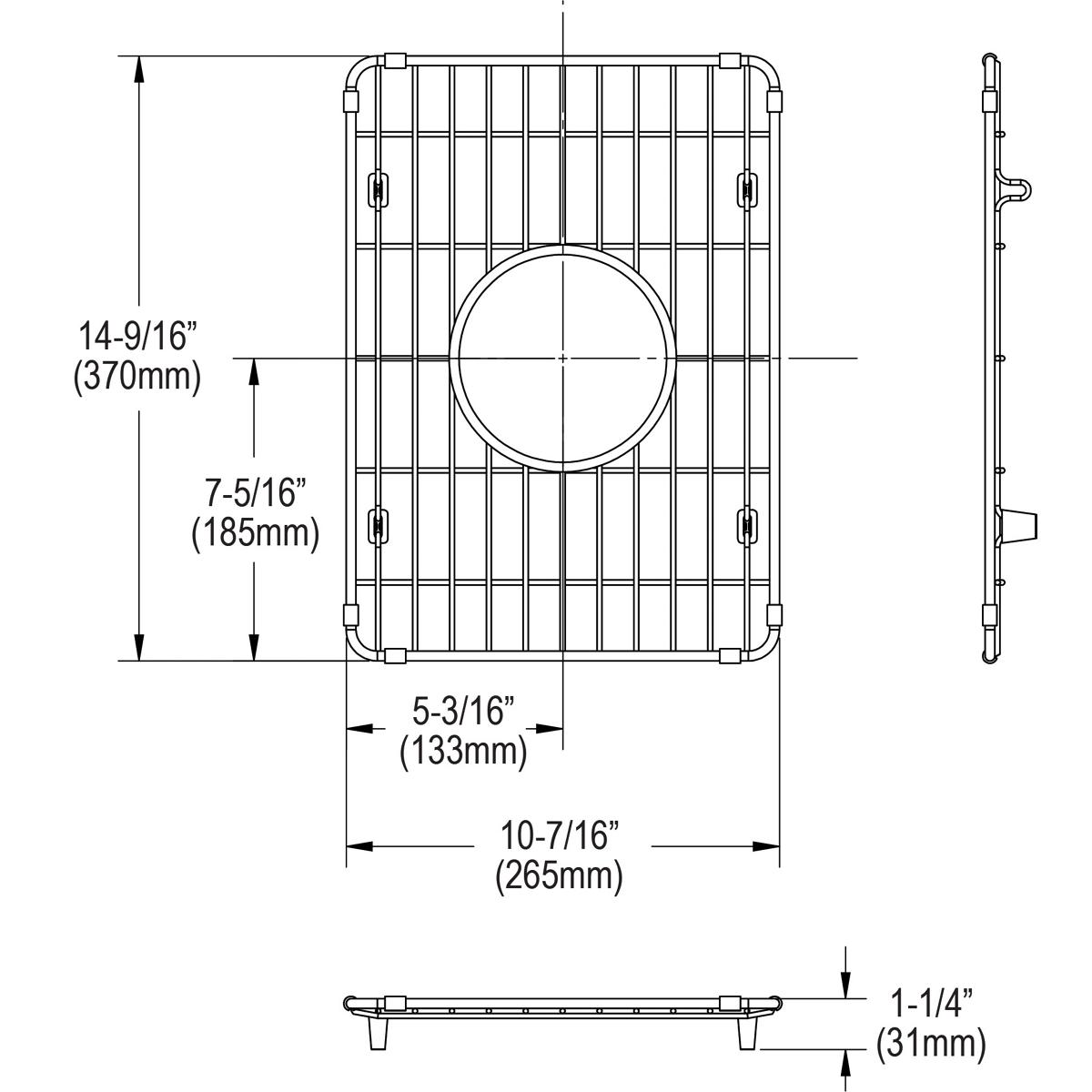 Stainless steel sink grid with vertical wire pattern, circular drain opening, and mounting brackets shown in top and side vie