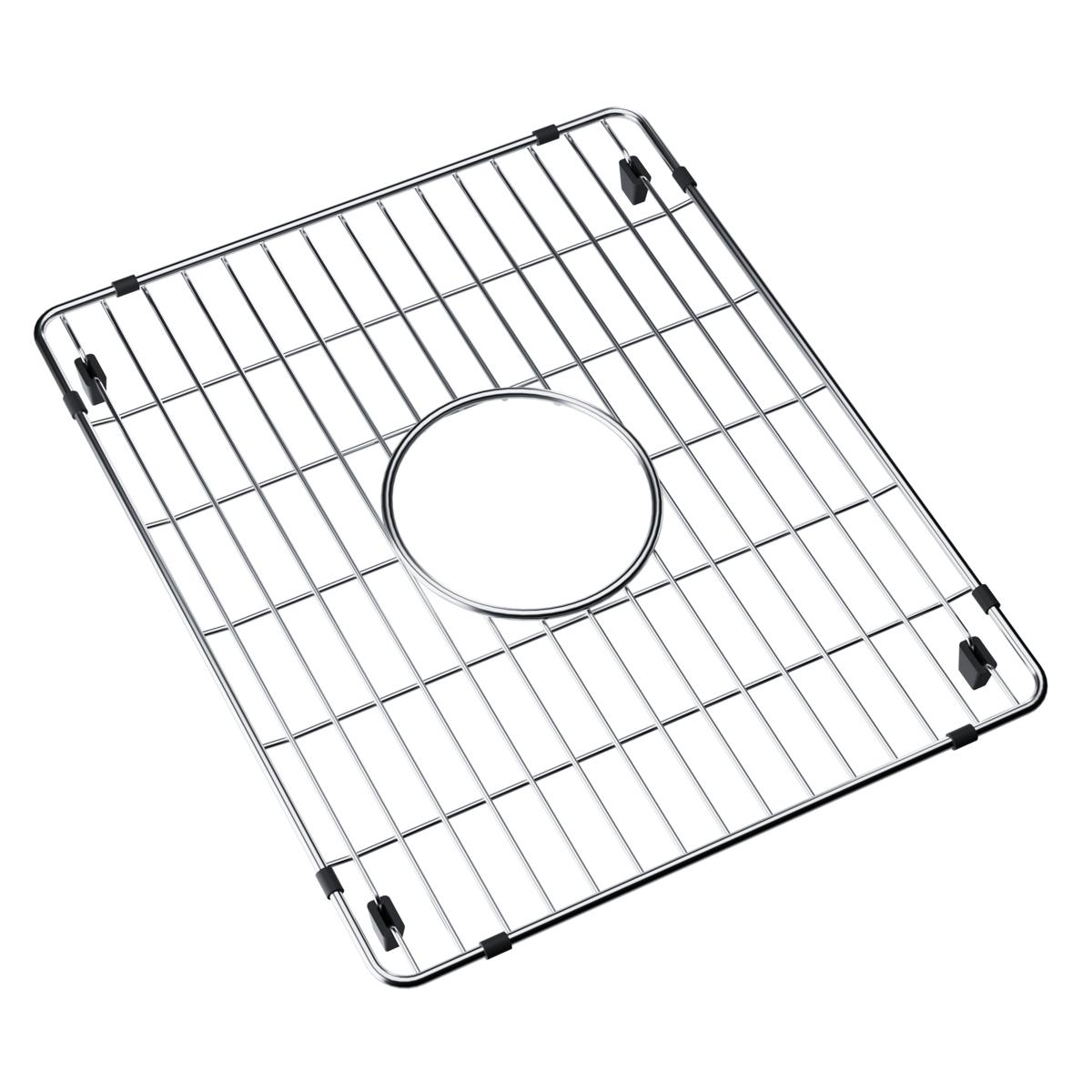 Stainless steel sink grid with parallel wire bars, circular drain opening, and black rubber corner feet.
