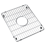 Stainless steel sink grid with parallel wire bars, circular drain opening, and black rubber corner feet.