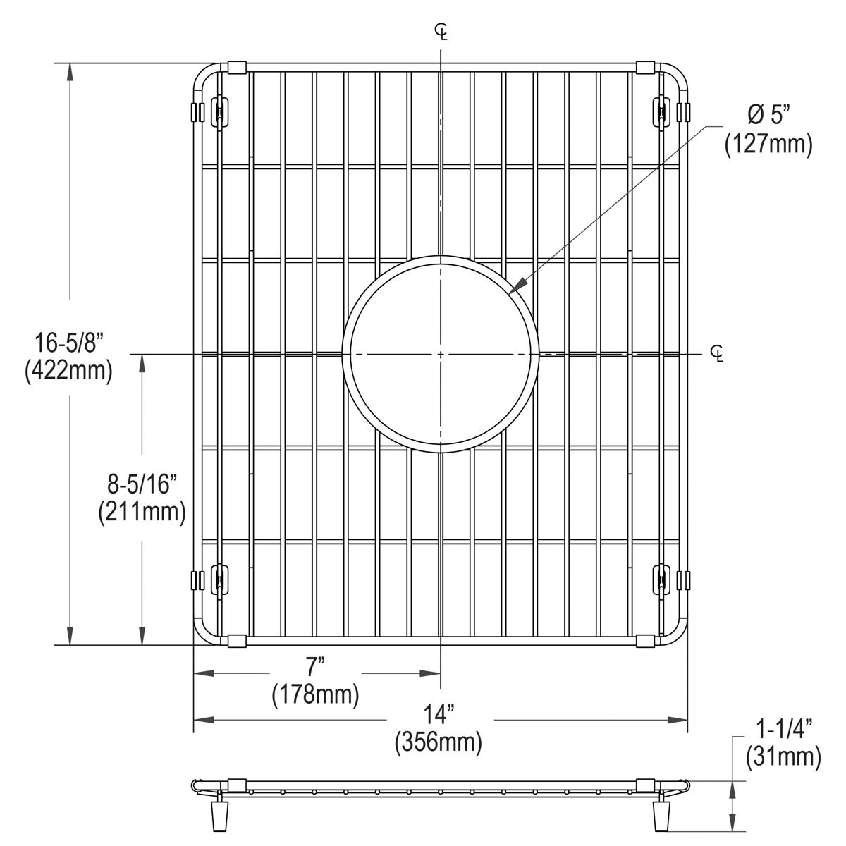 Stainless steel sink bottom grid with vertical slat pattern, circular drain opening, and mounting clips, 14" x 16-5/8".