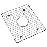 Stainless steel sink grid with rectangular wire pattern, center drain opening, and black rubber feet.