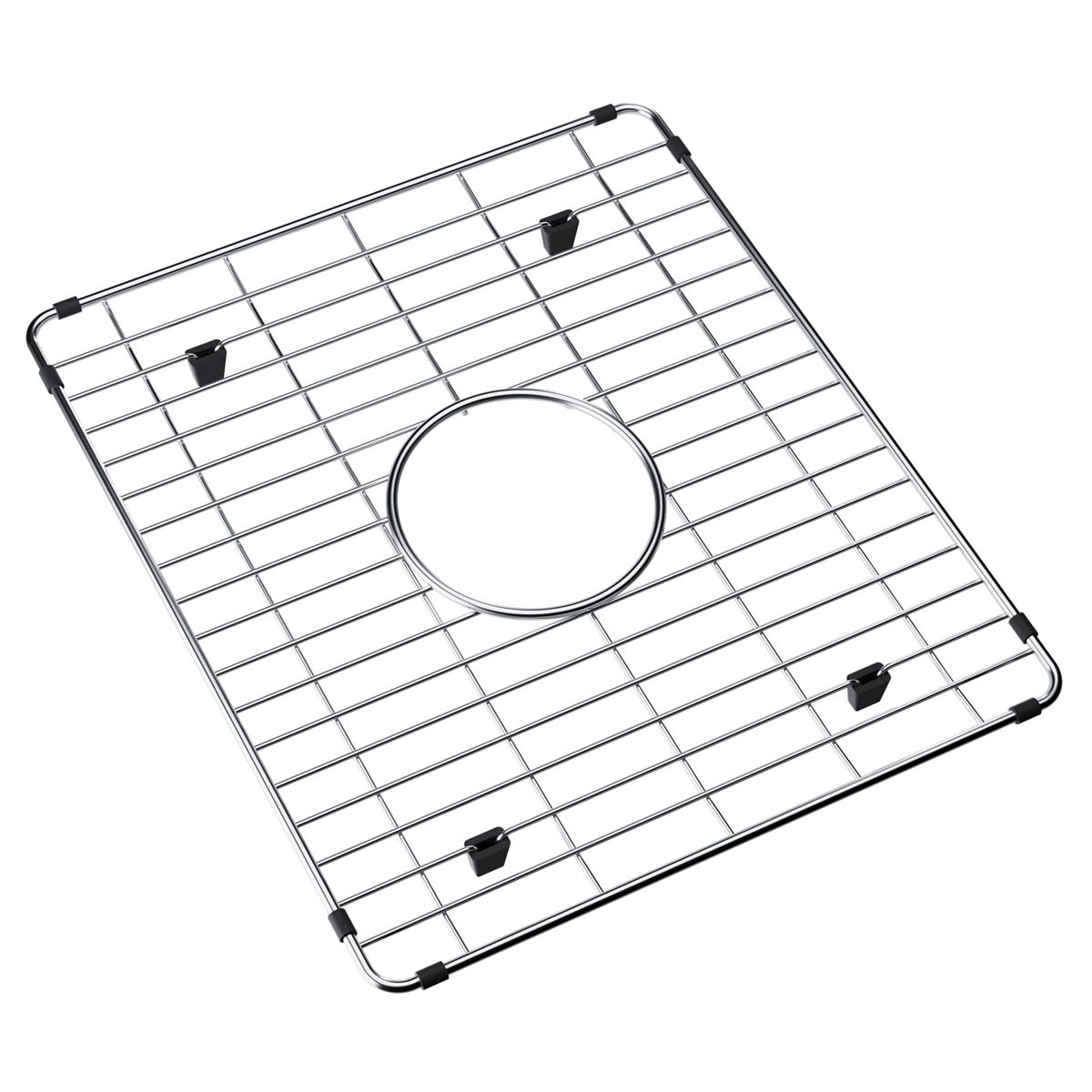 Stainless steel sink grid with rectangular wire pattern, center drain opening, and black rubber feet.