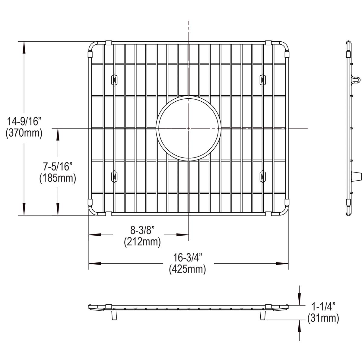 Stainless steel sink grid with vertical slat pattern, circular center opening, and mounting brackets.