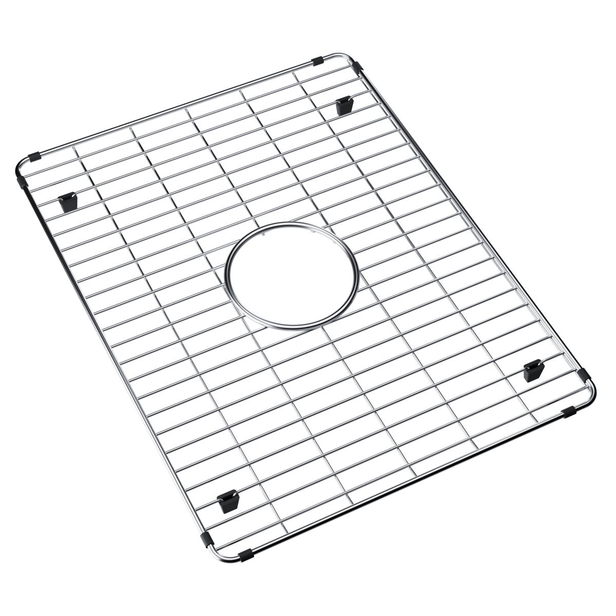 Stainless steel sink grid with rectangular layout, horizontal wires, center drain hole, and corner mounting feet.