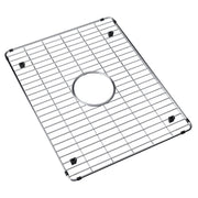Stainless steel sink grid with rectangular layout, horizontal wires, center drain hole, and corner mounting feet.