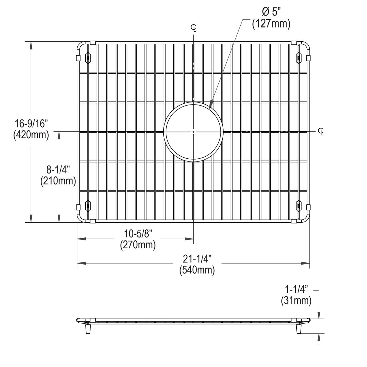 Stainless steel bottom grid with vertical slats, center drain hole, and corner feet, shown in top and side views with dimensi