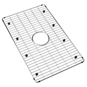 Stainless steel sink grid with wire rack pattern and center drain opening, secured by black corner feet.