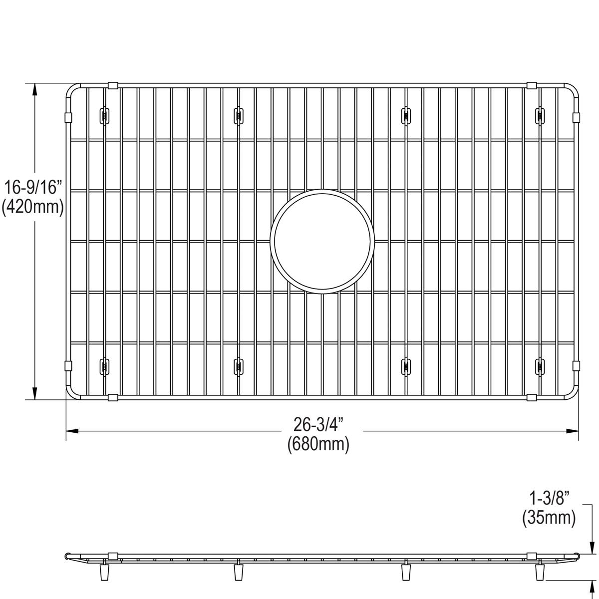 Stainless steel sink bottom grid with vertical slat pattern, circular drain hole, and corner mounting brackets.