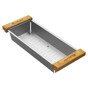 Stainless steel colander with perforated insert and natural wood handles on both ends.