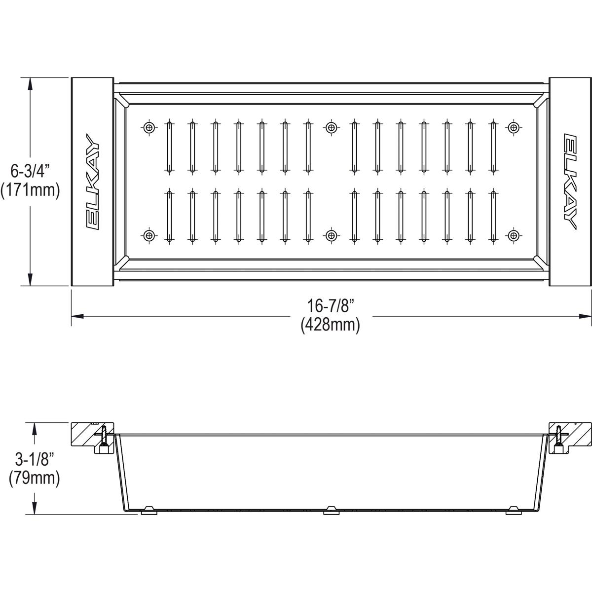 Stainless steel rectangular colander with perforated bottom, wood handles on sides, and dimensional measurements labeled.