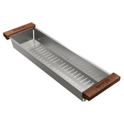 Stainless steel colander with perforated insert and wood handles on each end.
