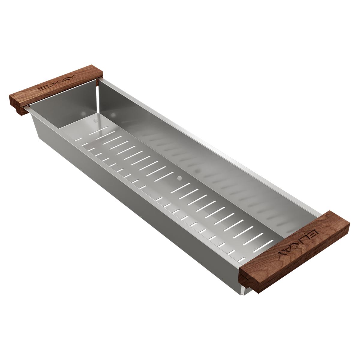Stainless steel colander with perforated insert and wood handles on each end.
