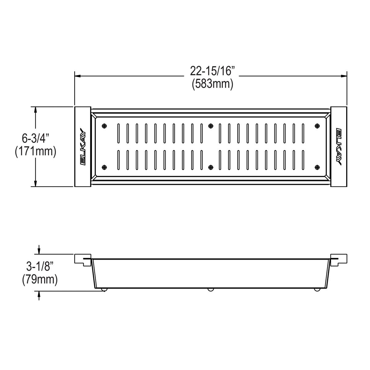 Stainless steel rectangular colander with parallel slot drains shown in top and side technical views.