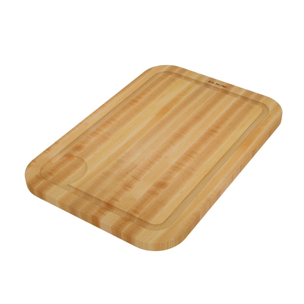 Rectangular hardwood cutting board with rounded corners and juice groove along one edge.