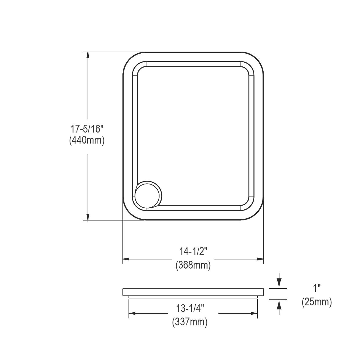 Rectangular hardwood cutting board with rounded corners and a small handle cutout, shown in top and side view technical drawi