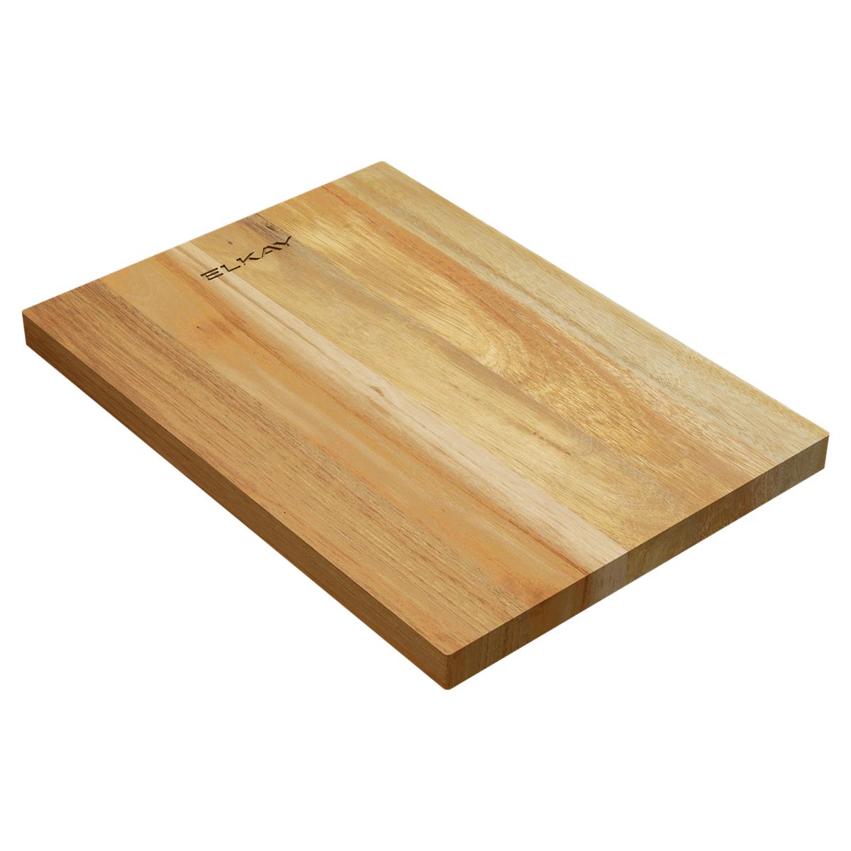 Rectangular acacia hardwood cutting board with natural grain variation and Elkay branding on surface.