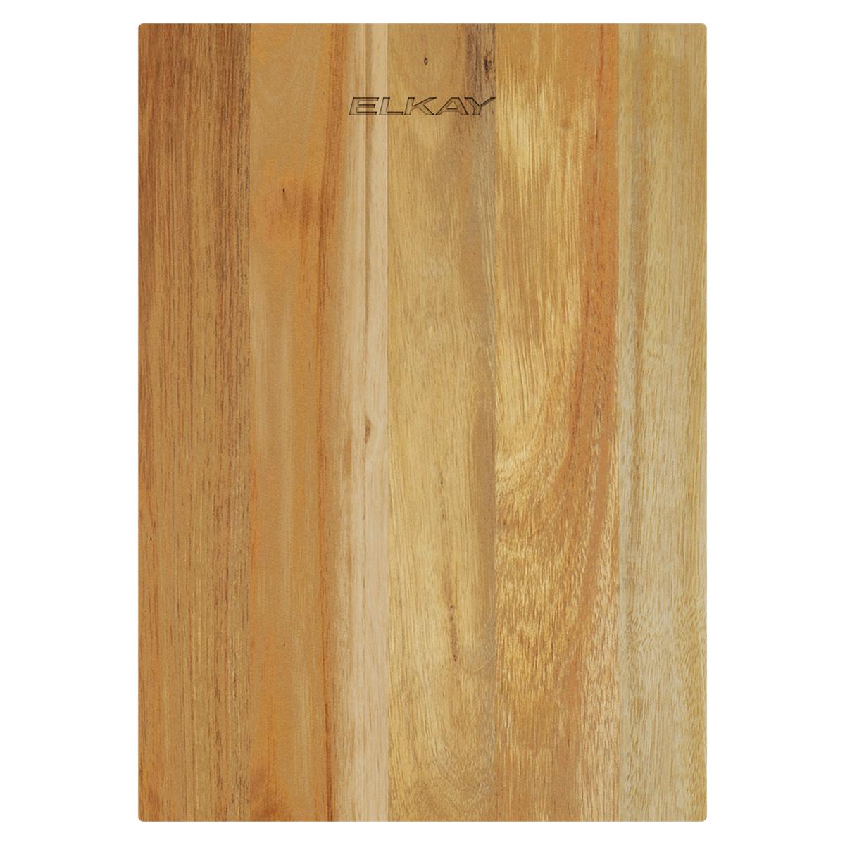 Rectangular acacia hardwood cutting board with mixed grain tones and Elkay branding.