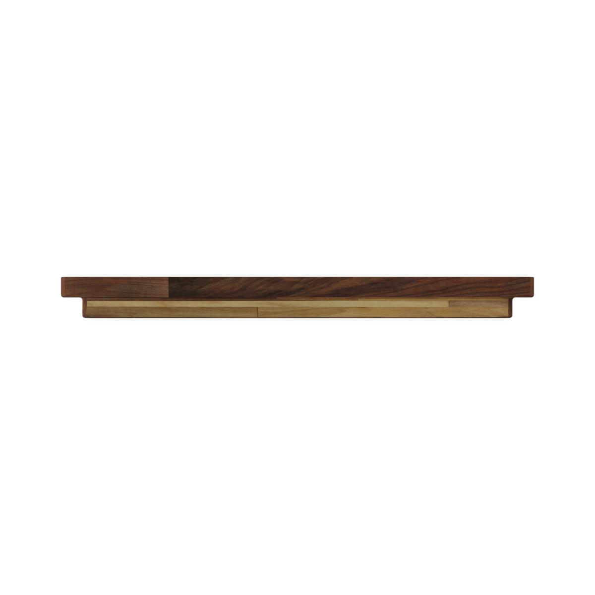 Rectangular hardwood cutting board with dark and light wood strips in alternating pattern and integrated groove channel.