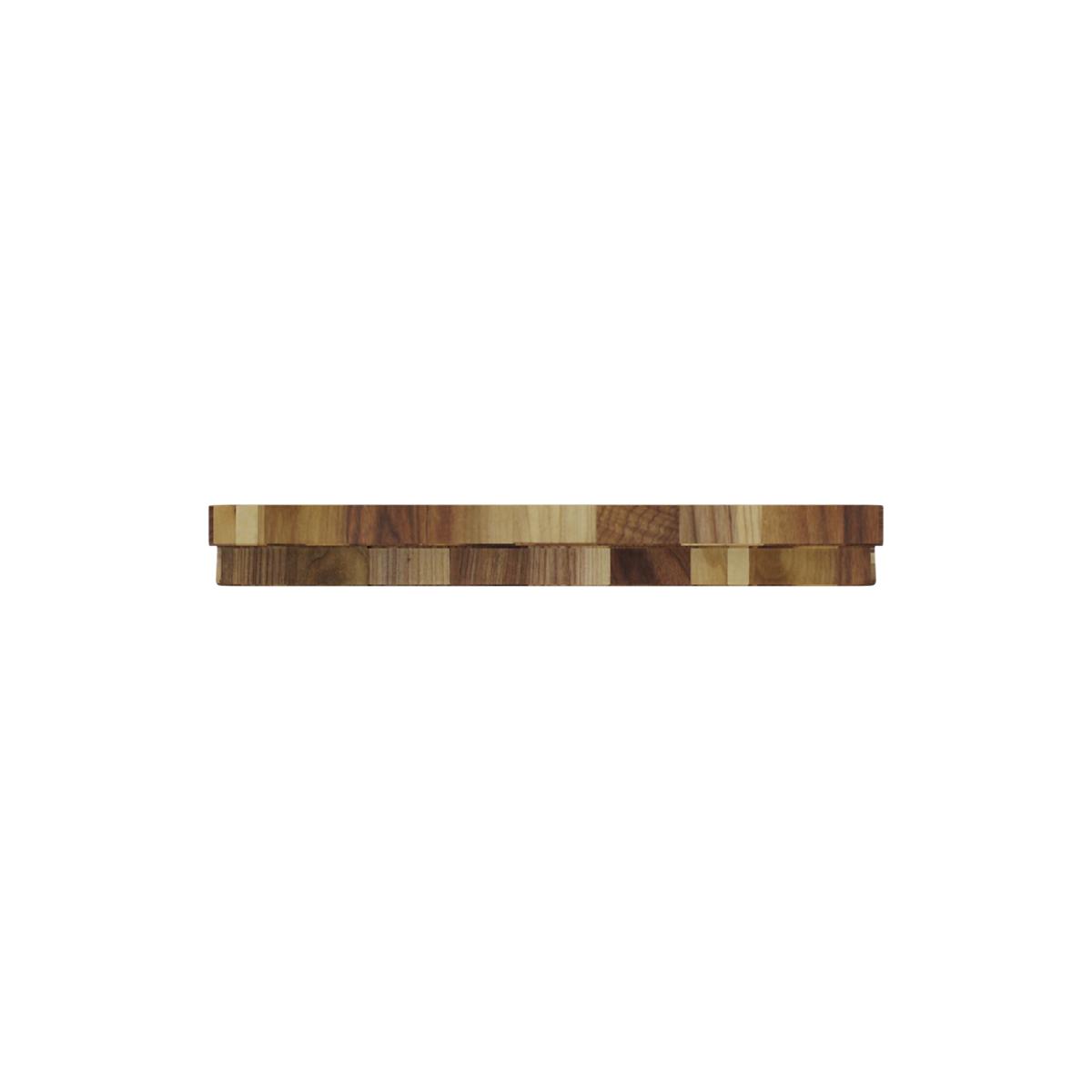 Rectangular hardwood cutting board with mixed wood grain pattern in brown and tan tones.