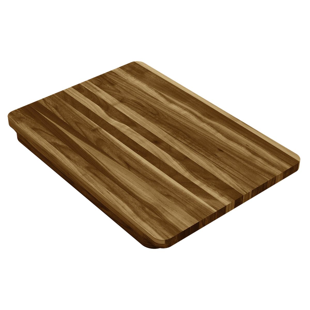 Rectangular hardwood cutting board with vertical grain stripes and rounded corners in medium brown finish.