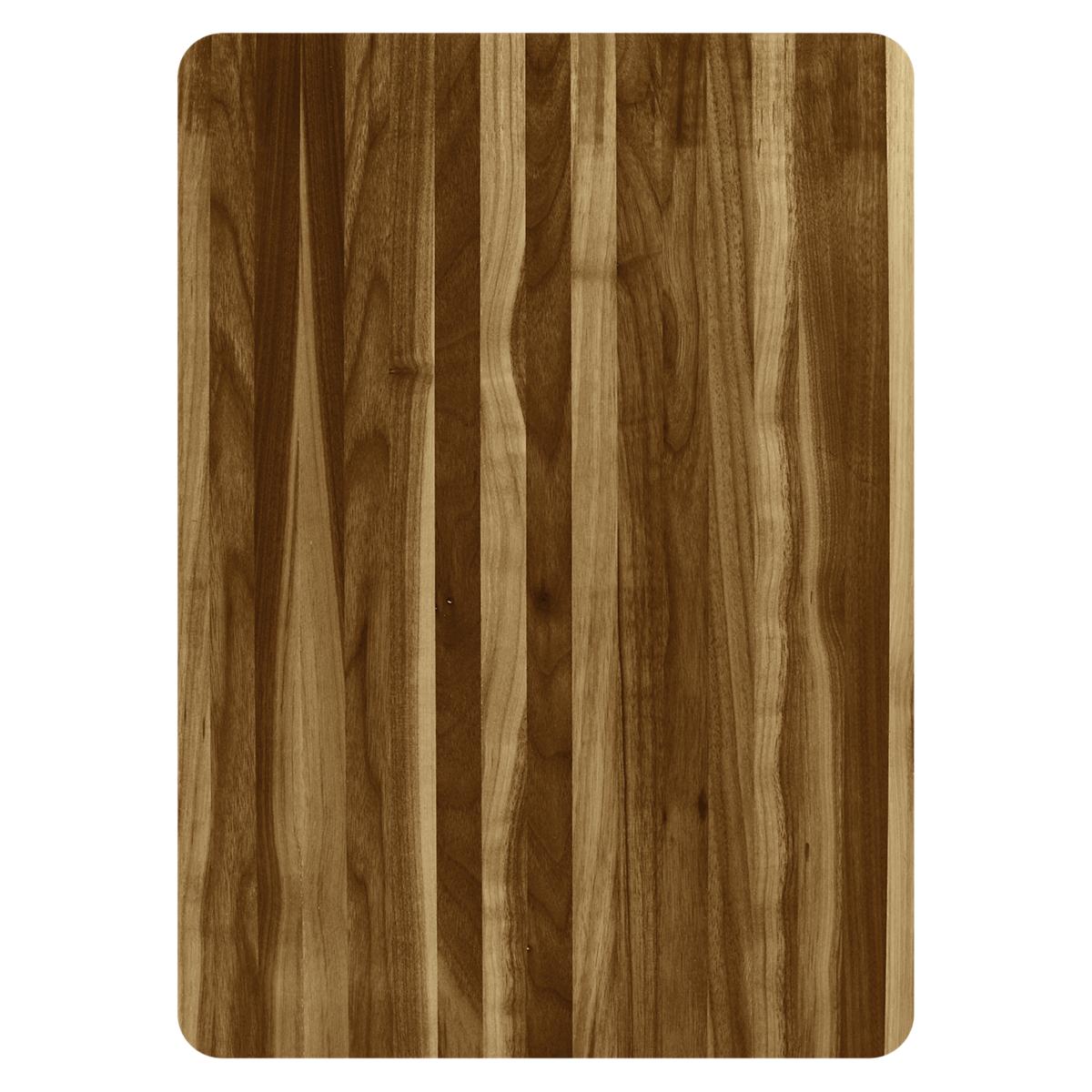 Rectangular hardwood cutting board with vertical grain pattern in brown and light tan tones.