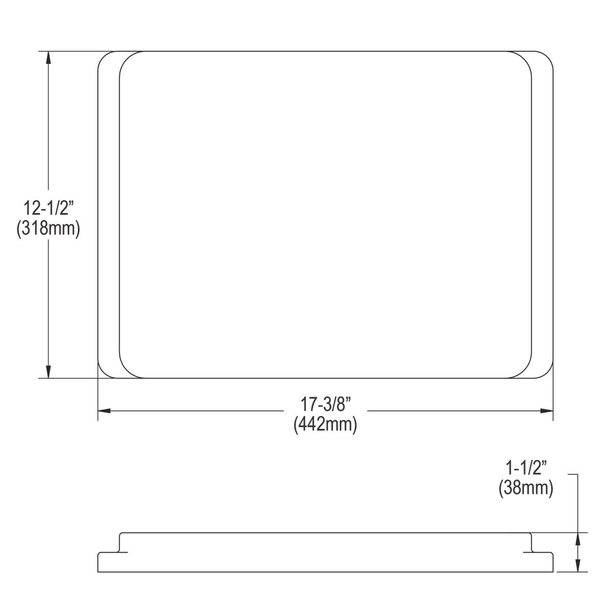 Rectangular hardwood cutting board with rounded corners and flat surface, shown in top and side view with dimensions labeled.
