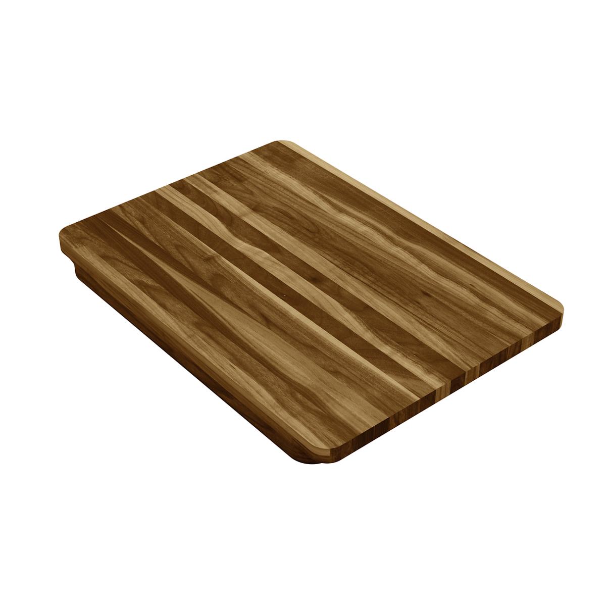 Rectangular hardwood cutting board with vertical grain pattern and rounded corners.