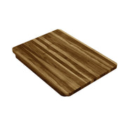 Rectangular hardwood cutting board with vertical grain pattern and rounded corners.