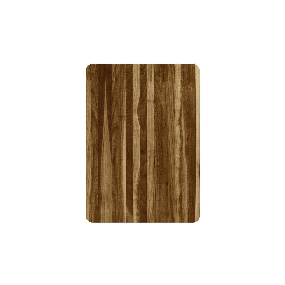Rectangular hardwood cutting board with vertical grain pattern and rounded corners.