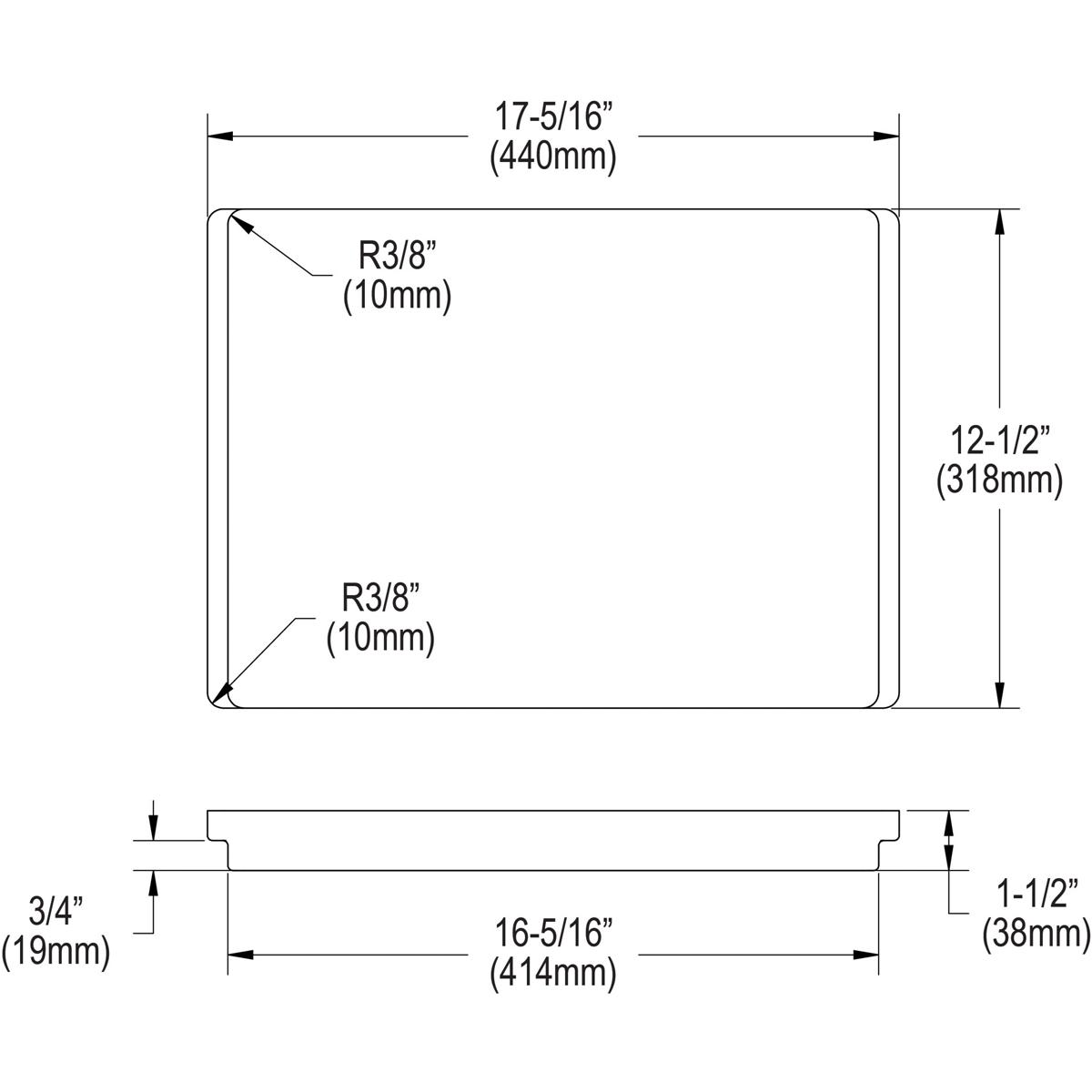 Rectangular hardwood cutting board with rounded corners shown in top and side view technical drawings with dimensions labeled