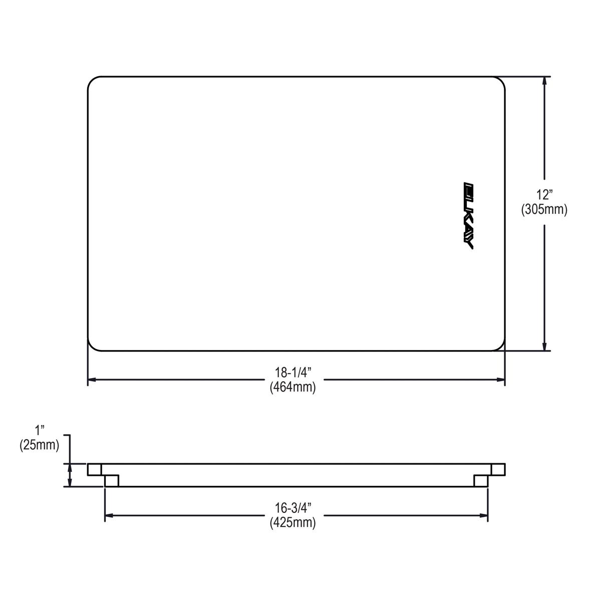 Rectangular hardwood cutting board with rounded corners and Elkay branding, shown from top and side view with dimensions.