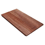 Brown hardwood cutting board with wood grain pattern and Elkay logo on surface.