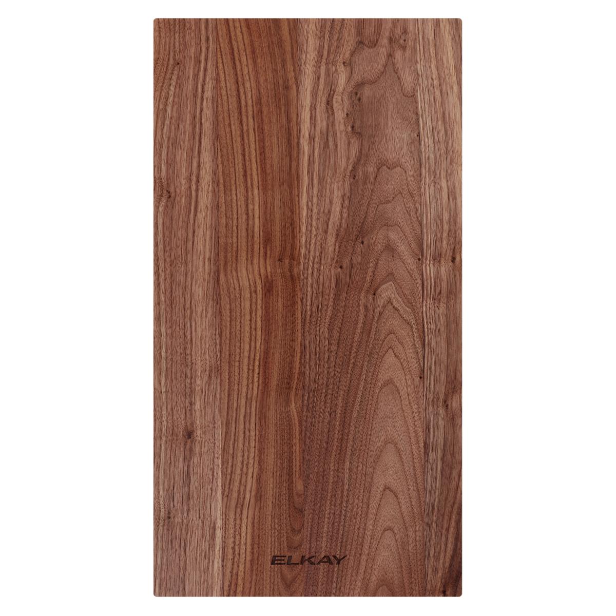 Brown hardwood cutting board with vertical grain pattern and Elkay branding on lower edge.