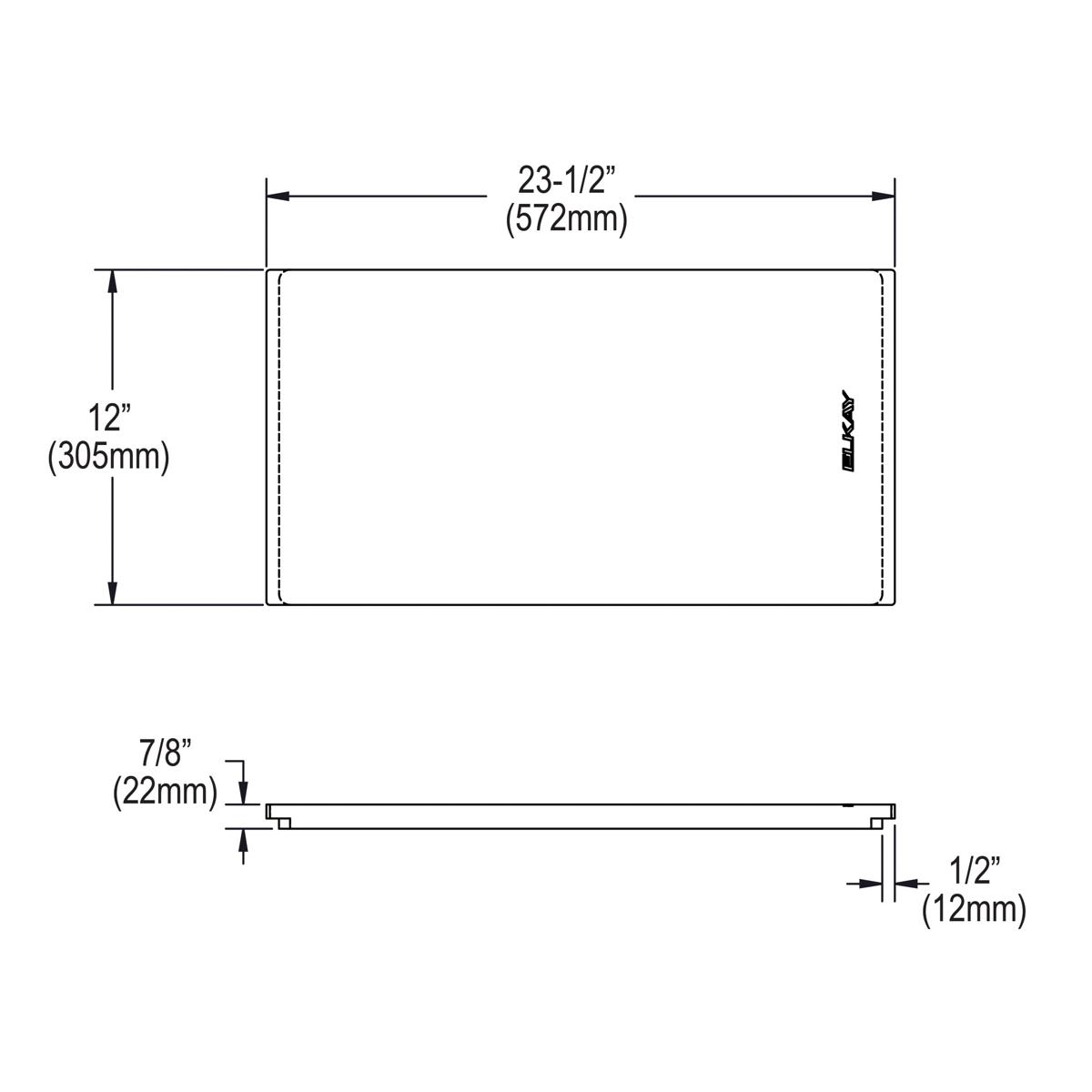 Rectangular hardwood cutting board with rounded corners and beveled edges, shown in top and side view technical drawings.